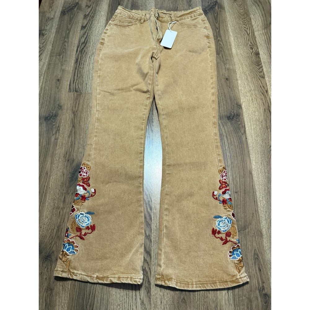 HME Jeans Women's Size Large Brown Flare Embroidered Flowers On Ankle NWT